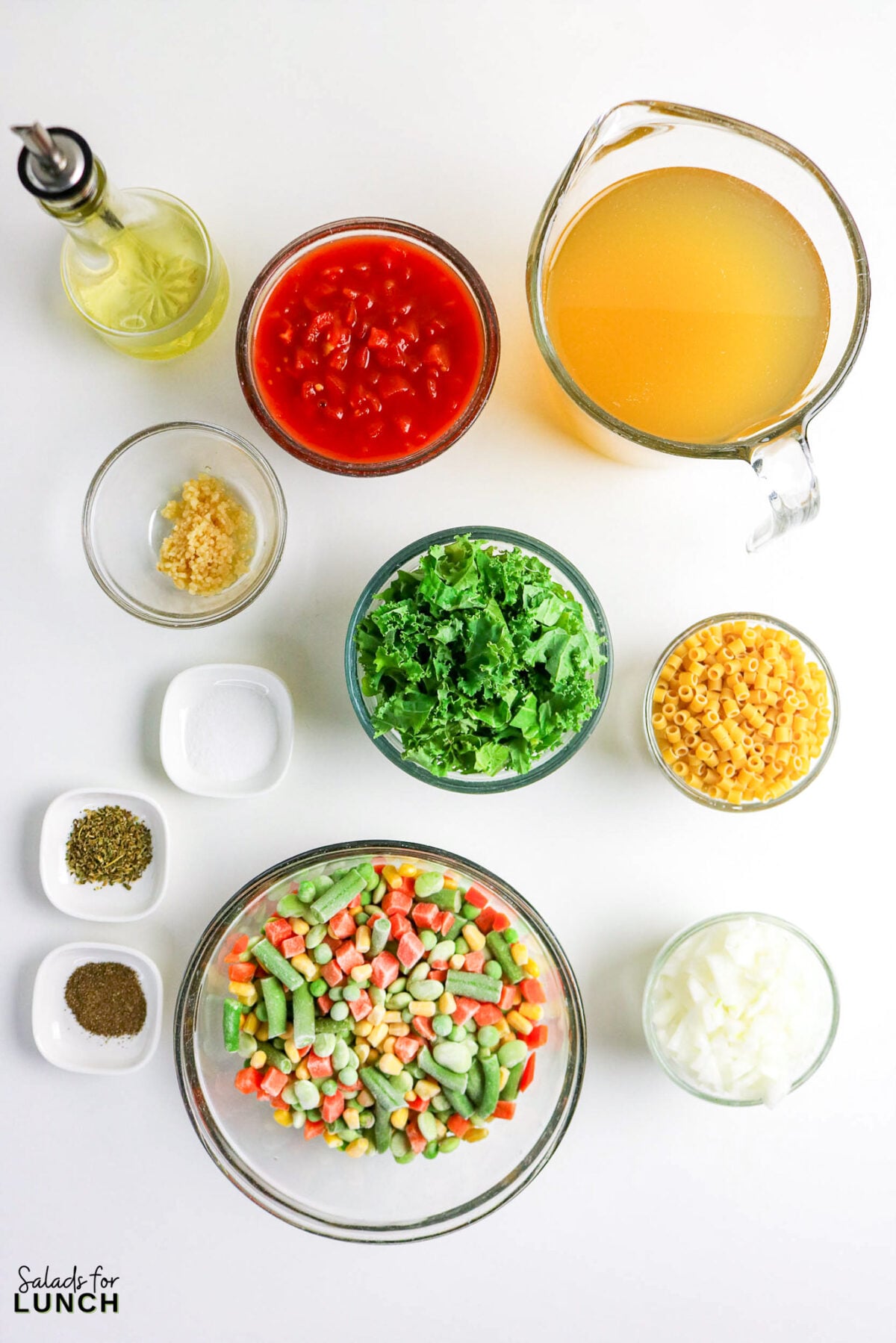 Soupe aux légumes facile dans un pot - Ingrédients pour la soupe de pâtes aux légumes Ingrédients de la soupe de nouilles aux légumes : bouillon, tomates, chou frisé, pâtes, légumes, ail, huile et épices.