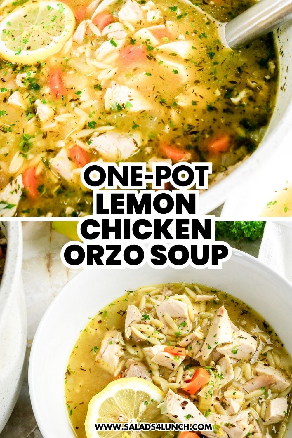 Lemon Chicken Orzo Soup Recipe (Easy One-Pot Chicken Soup) - One Pot Lemon chicken Orzo Soup Lemon chicken orzo soup in a white bowl with fresh lemon and herbs