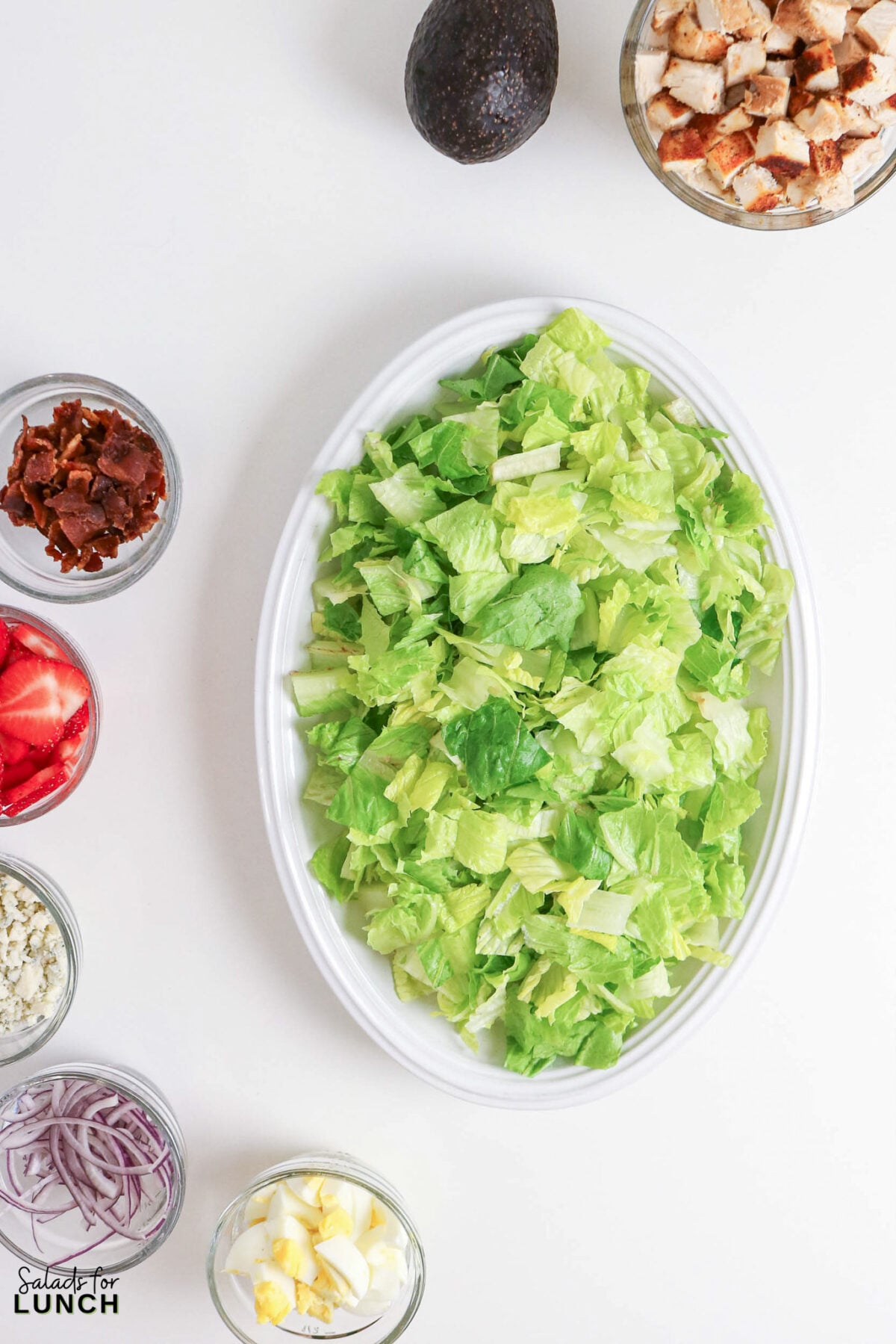 Strawberry Chicken Cobb Salad with Creamy Strawberry Vinaigrette - chopped salad ingredients overhead view Chopped salad ingredients including lettuce, chicken, bacon, strawberries, blue cheese, red onion, and avocado.