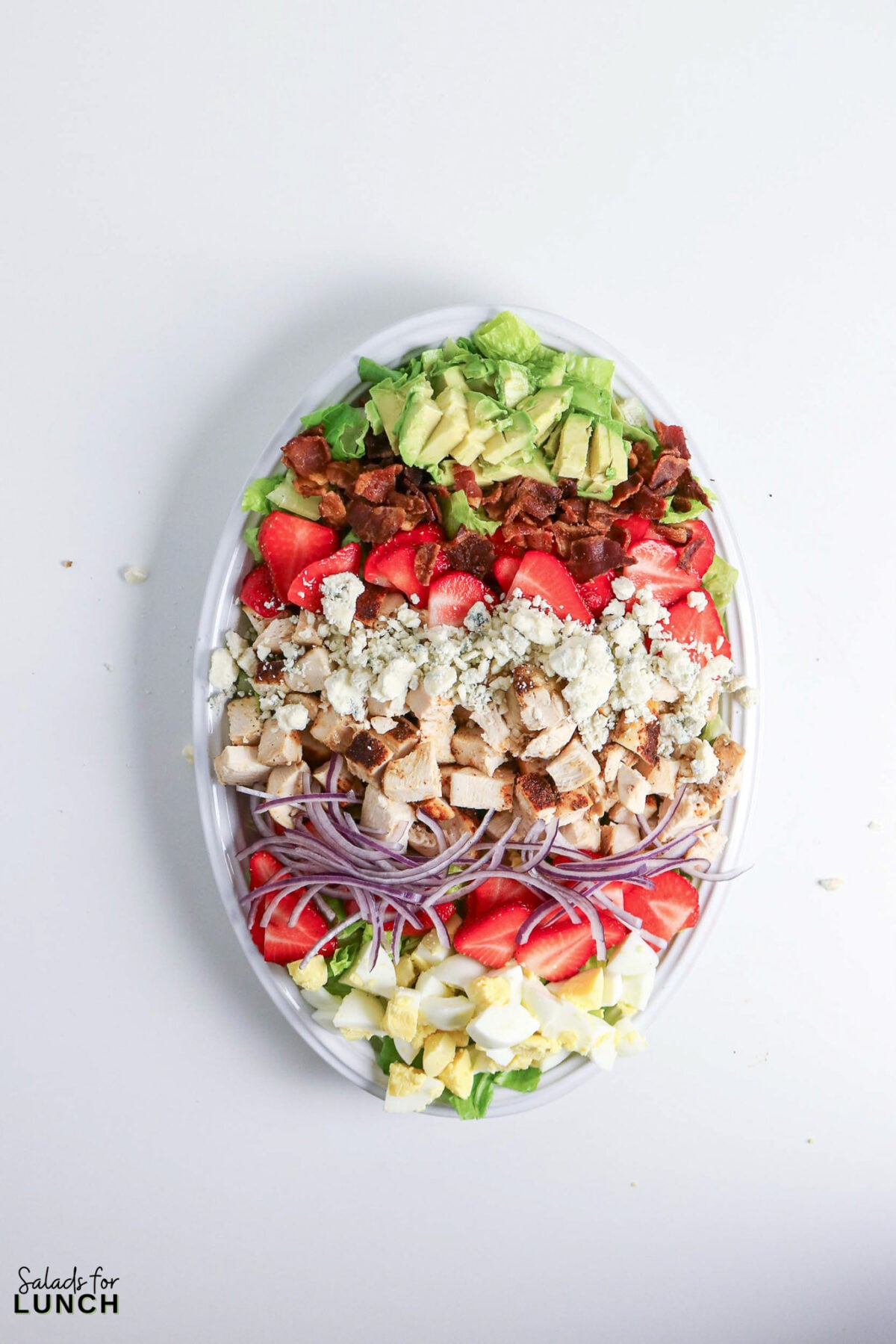 Strawberry Chicken Cobb Salad with Creamy Strawberry Vinaigrette - layered cobb salad chicken bacon strawberries Layered Cobb salad with chicken, bacon, strawberries, blue cheese, avocado, and hard-boiled eggs.