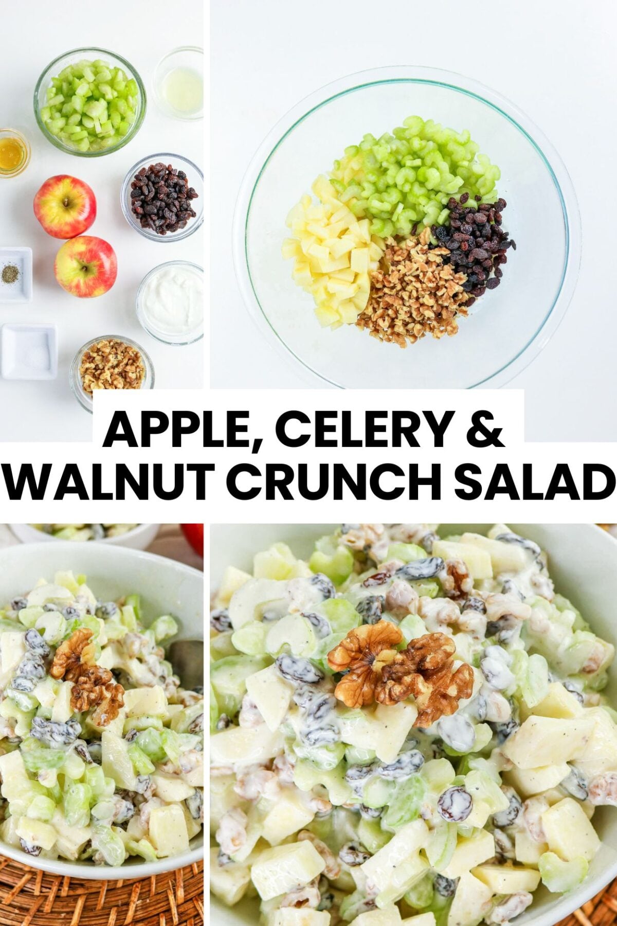 Apple, Celery & Walnut Crunch Salad - Apple Celery and Walnut Crunch Salad Recipe Apple, Celery & Walnut Crunch Salad ingredients, mixing bowl, and finished creamy salad topped with walnuts and raisins.