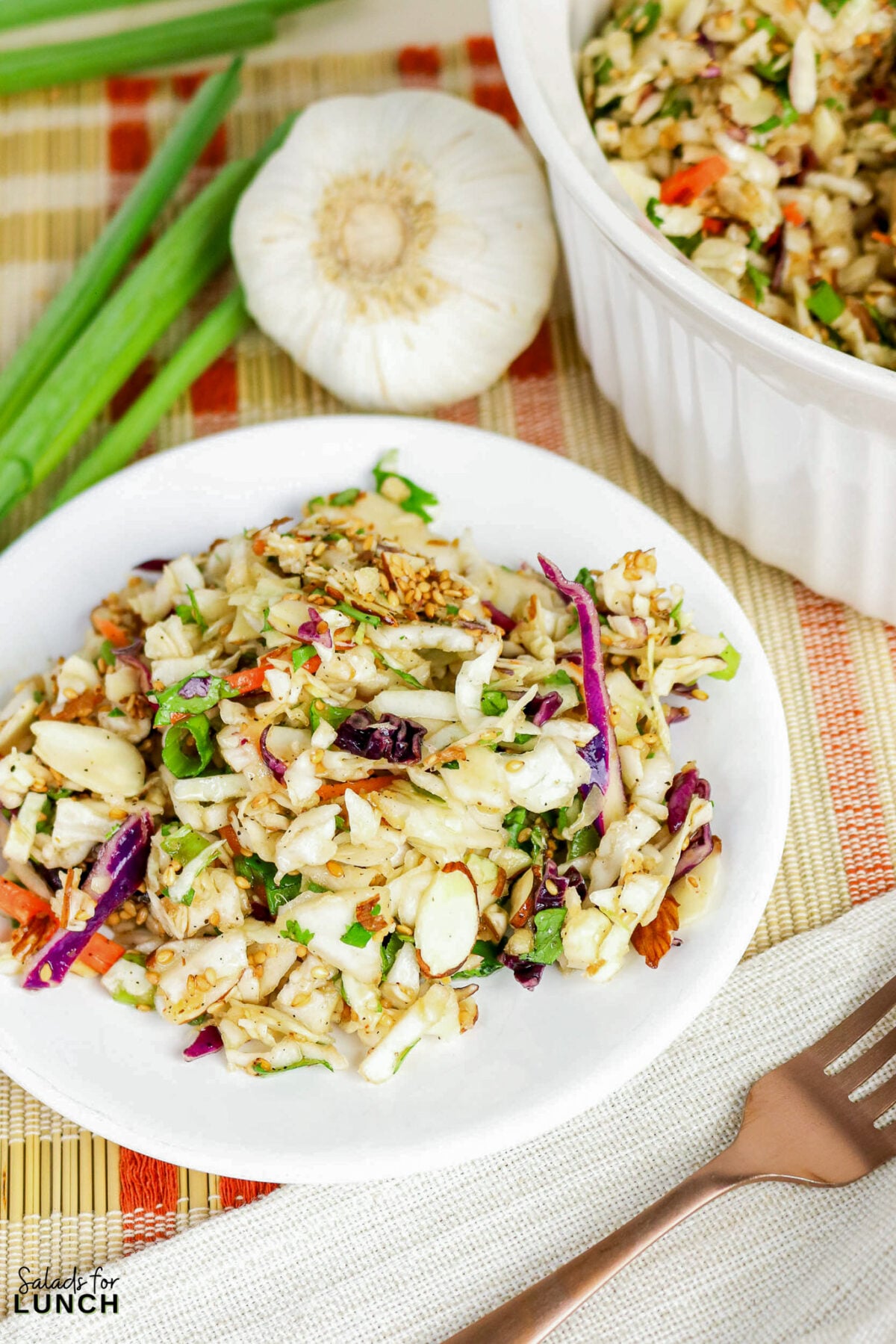 Asian cabbage salad with shredded green and purple cabbage, almonds, sesame seeds, and vegetables served in a white bowl.