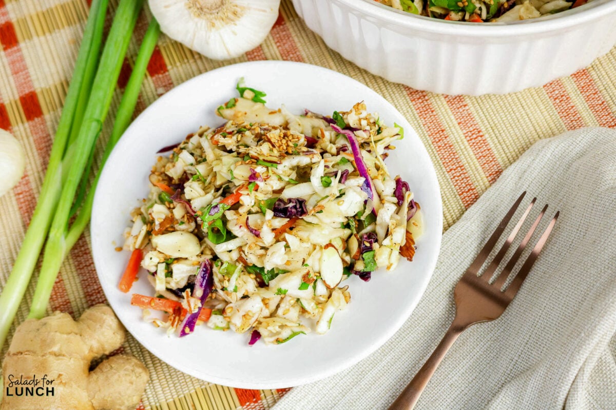 Asian cabbage salad with red cabbage, carrots, almonds, and sesame seeds on a white plate, surrounded by green onions, garlic, and ginger.