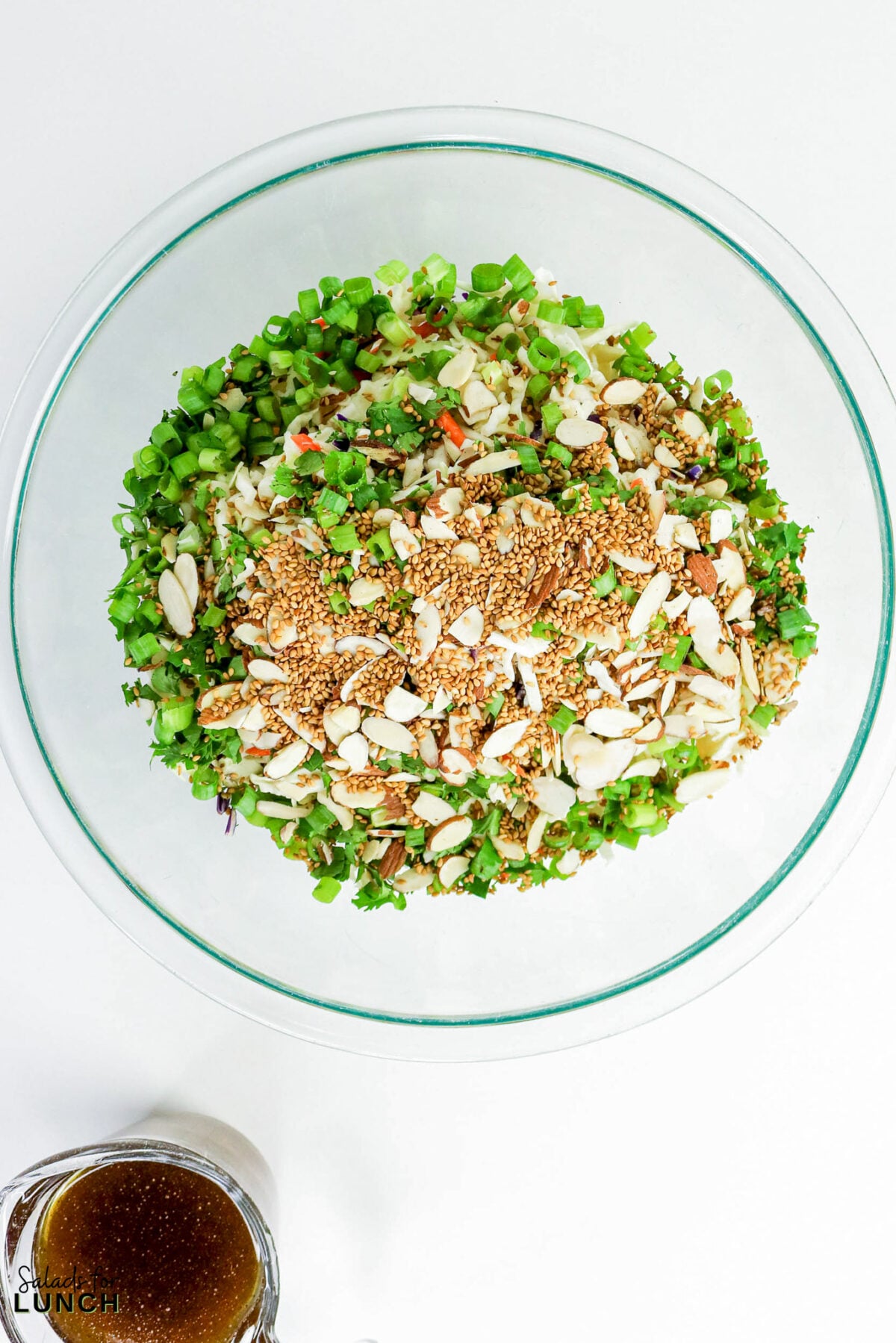 Glass bowl filled with chopped cabbage, green onions, cilantro, sliced almonds, and toasted sesame seeds, with a jar of dressing alongside.