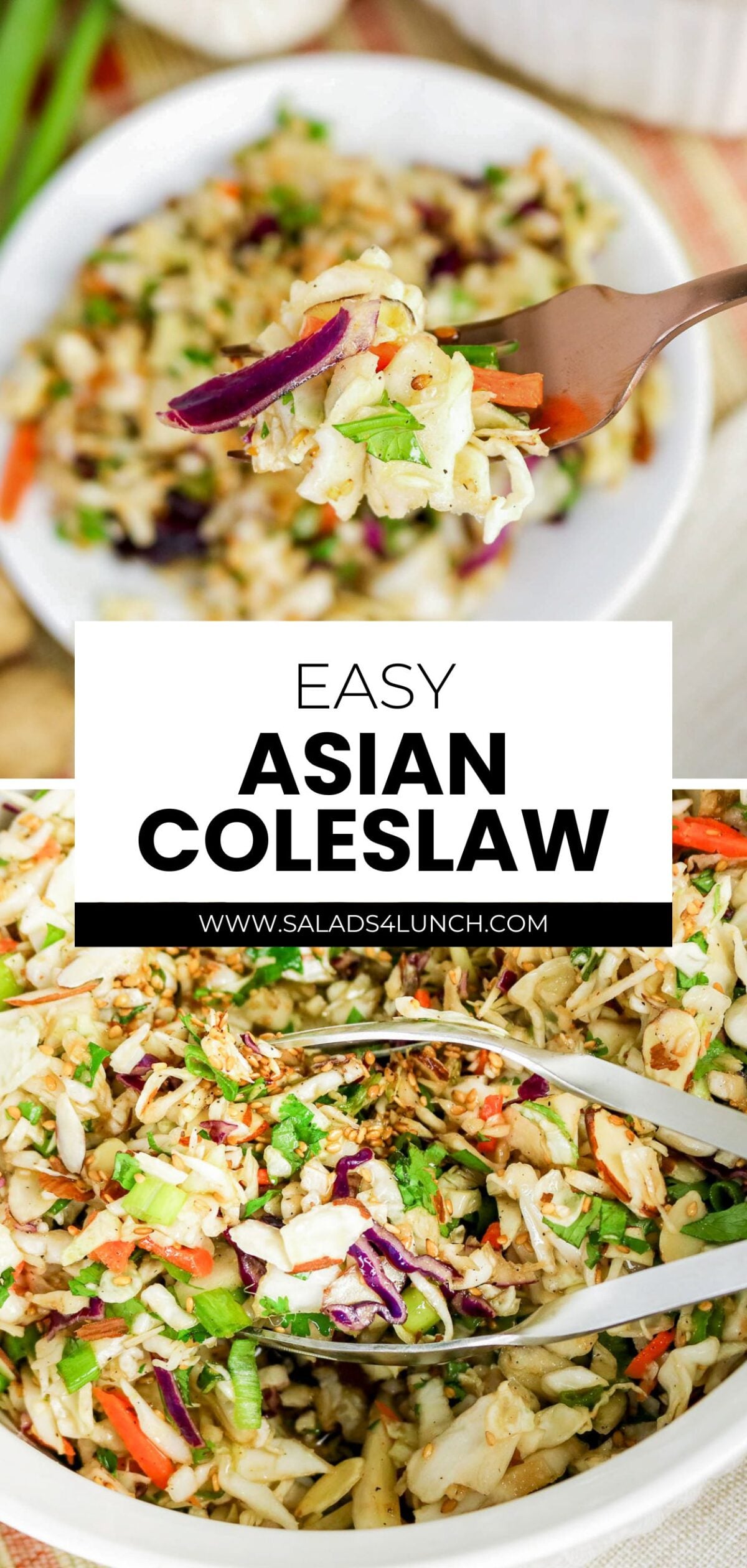 Easy Asian Coleslaw with shredded cabbage, carrots, red onion, and herbs, served in a white bowl with tongs.