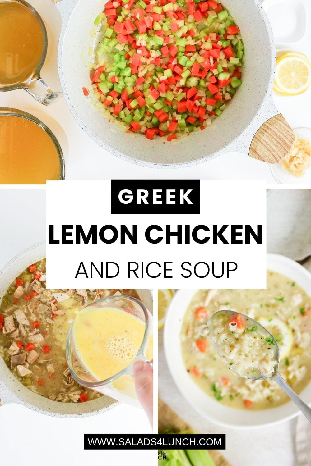 Greek Lemon Chicken and Rice Soup (Easy Avgolemono Recipe) - Greek Lemon Chicken Soup Greek Lemon Chicken and Rice Soup recipe collage showing diced vegetables, egg mixture being added, and finished soup in a bowl.