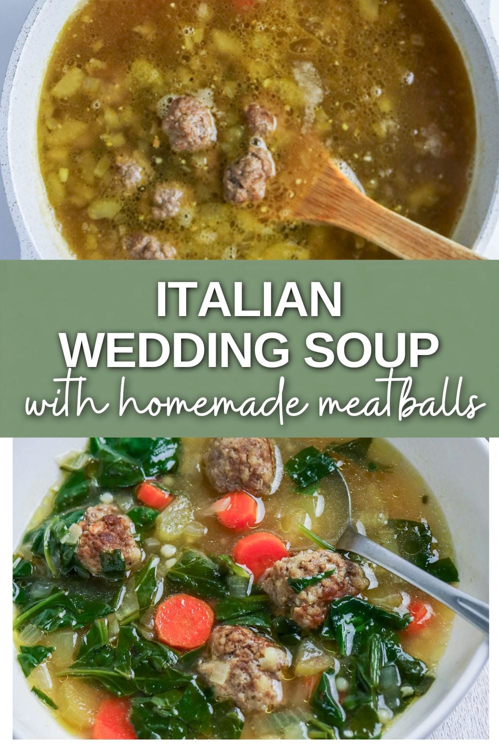 Italian Wedding Soup with homemade meatballs — pot overhead with wooden spoon and bowl with meatballs, greens, and carrots.