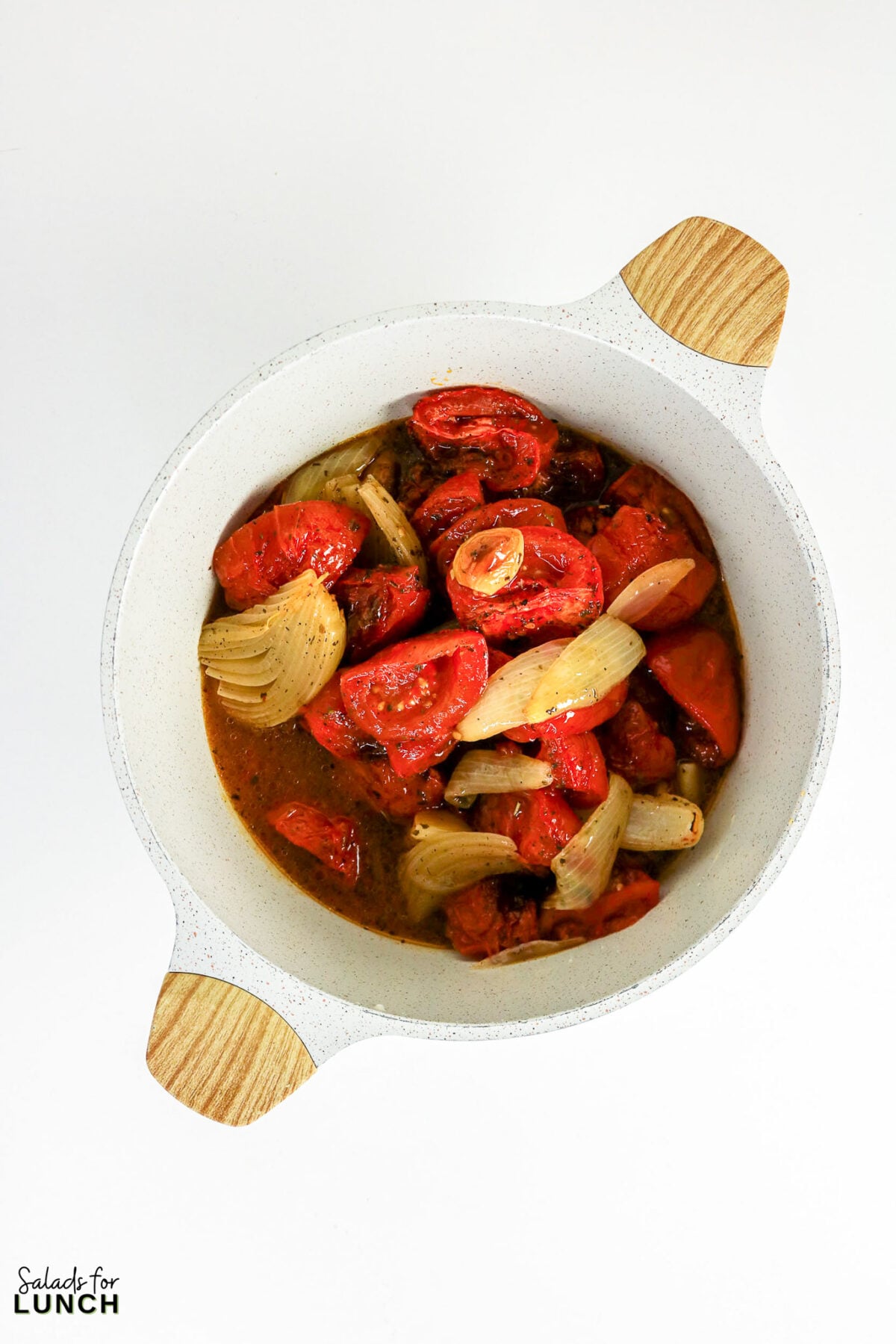 Roasted Tomato and Basil Soup Process 11 - Sweet roasted vine-ripened tomatoes, garlic, and onions create a rich, flavorful soup that's finished with fresh basil for a bright, garden-fresh taste. This easy homemade soup is delicious with a grilled cheese sandwich or a slice of crusty bread.
