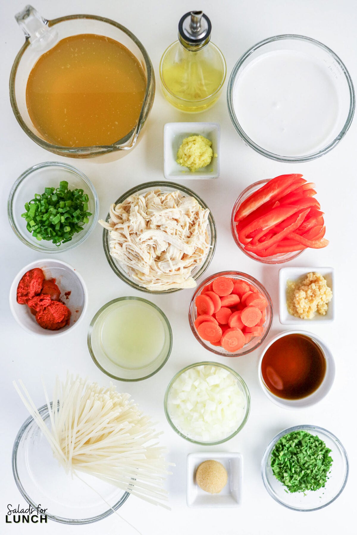 Overhead view of Thai soup ingredients: broth, oil, coconut milk, ginger, scallions, shredded chicken, red peppers, tomato paste, garlic, carrots, lime juice, fish sauce, onions, brown sugar, cilantro, and rice noodles.