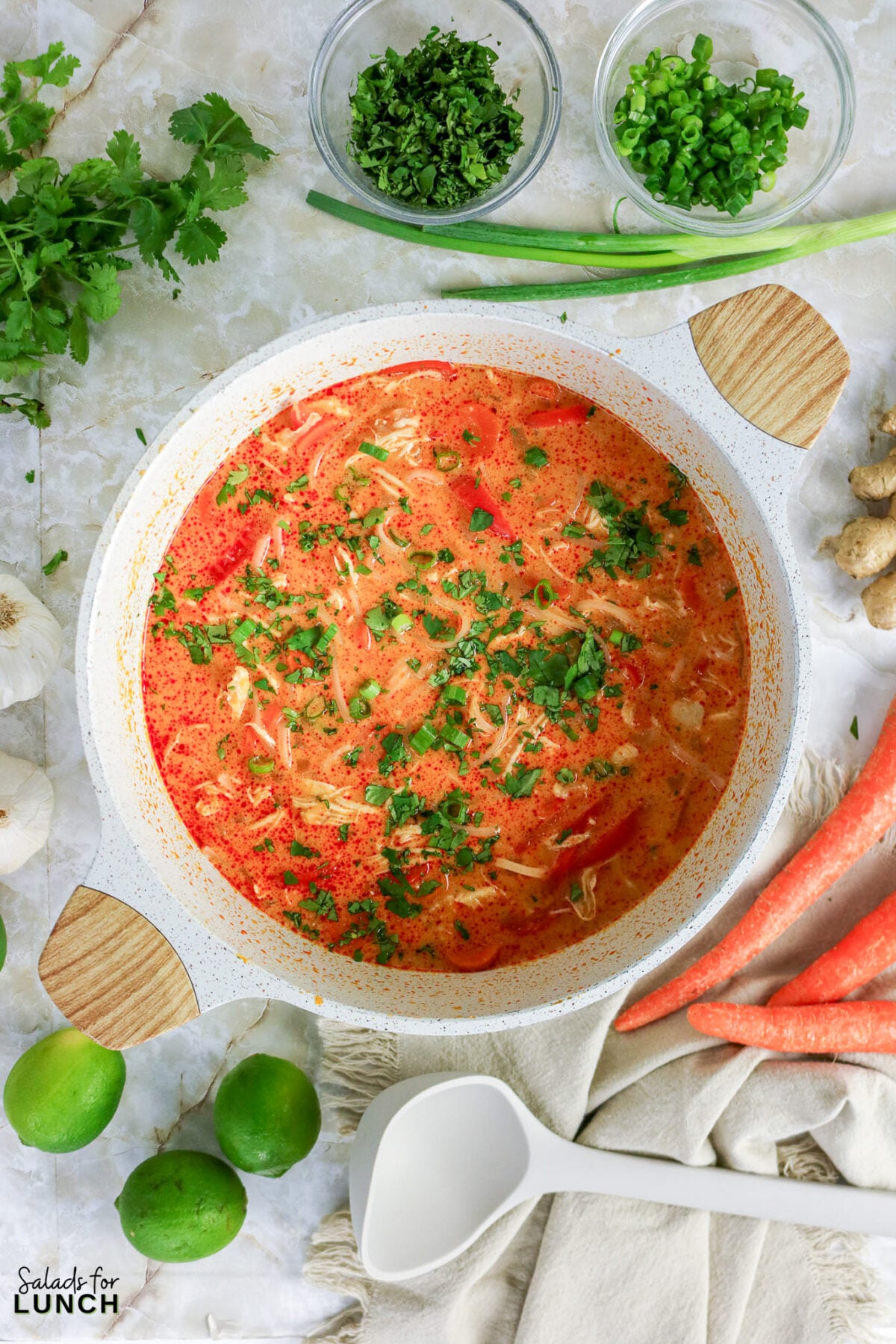 Pot of Thai coconut curry soup with shredded chicken and noodles, topped with cilantro, surrounded by limes, carrots, and garnishes.