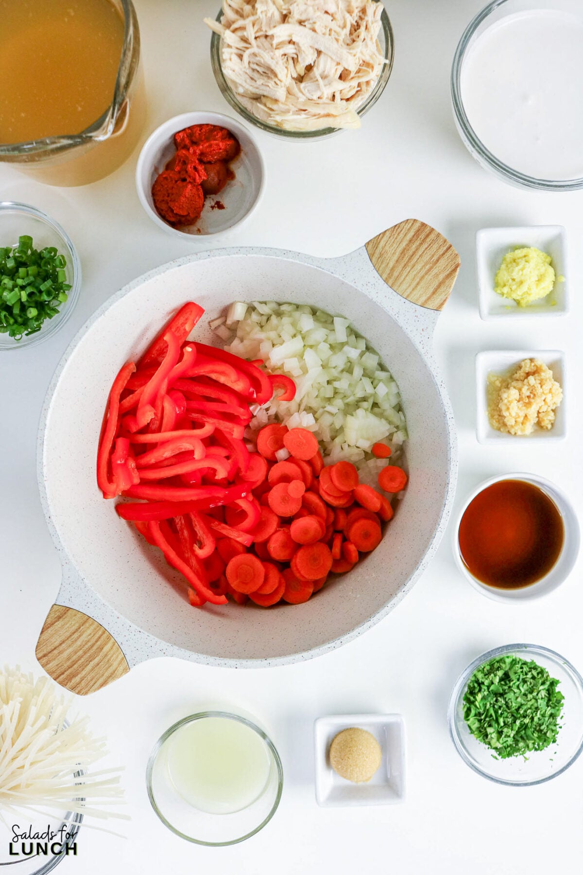 Overhead view of soup ingredients: bell peppers, onion, and carrots in a pot, with broth, shredded chicken, coconut milk, curry paste, ginger, garlic, fish sauce, lime juice, cilantro, and rice noodles arranged around it.