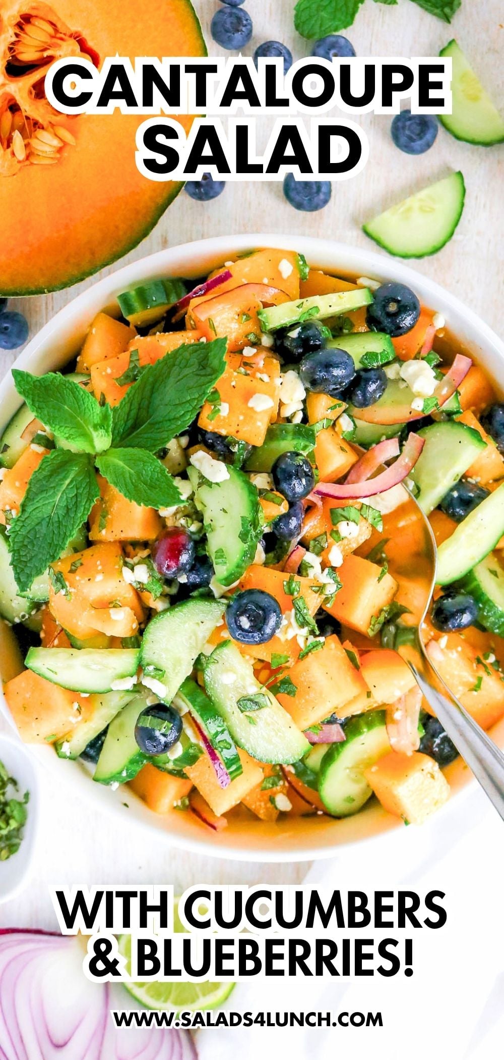 Cantaloupe Cucumber Feta Salad - Cantaloupe and Cucumber Salad Recipe Bowl of cantaloupe cucumber feta salad with blueberries, red onion, and fresh mint, garnished with a fork.