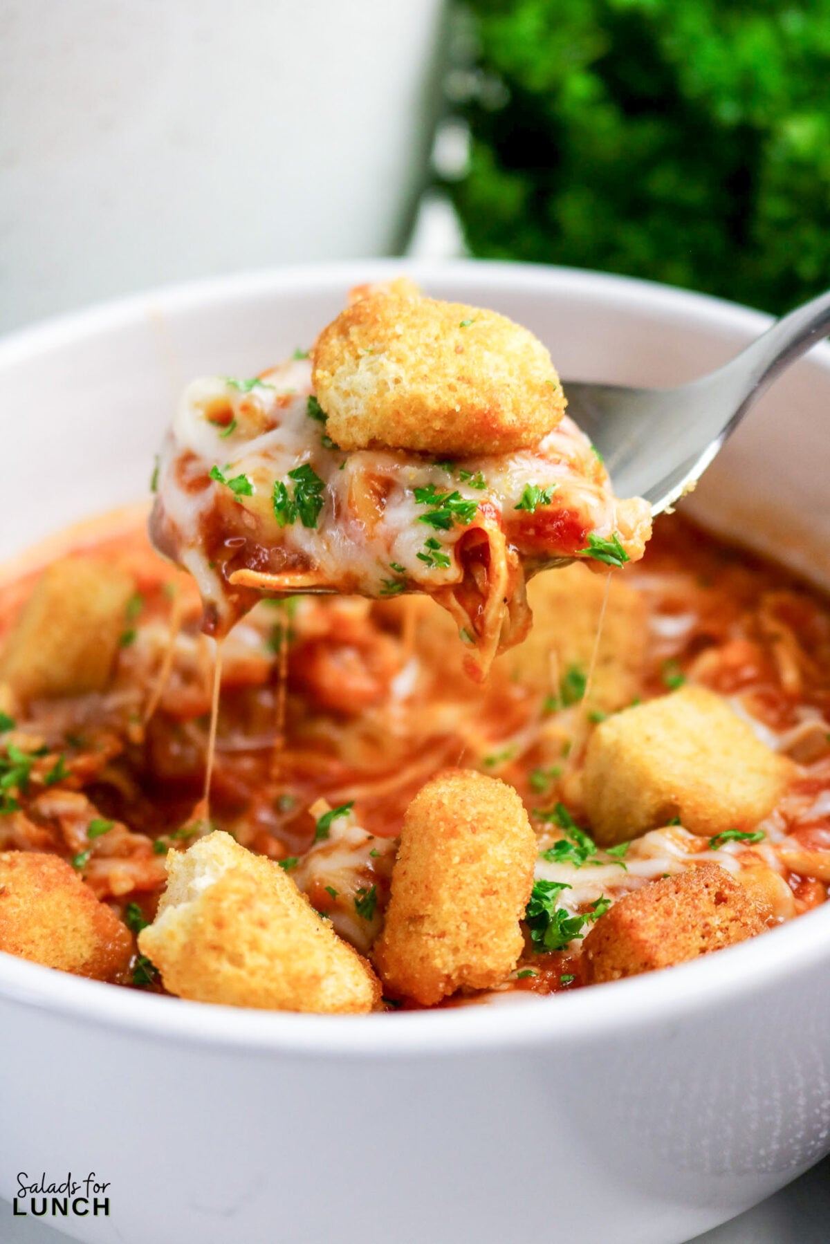 One-Pot Chicken Parmesan Soup - Chicken Parmesan Soup Hero 02 Bowl of cheesy chicken parmesan soup topped with mozzarella bites and parsley, spoon lifting a cheesy bite.