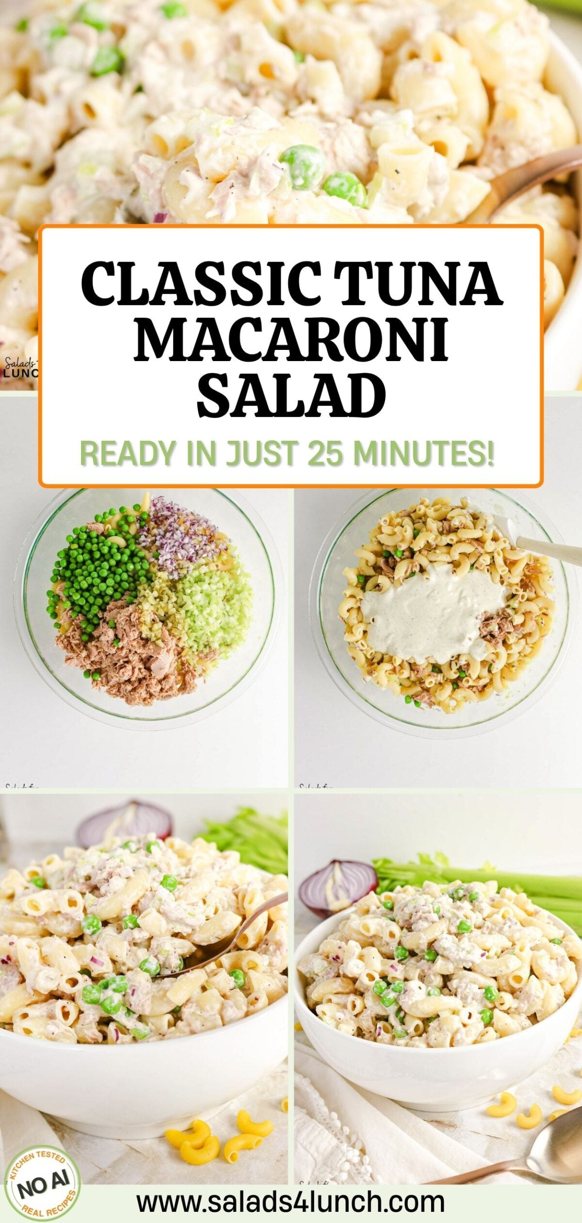 Creamy Tuna Macaroni Salad - Classic Tuna Macaroni Salad Recipe Classic tuna macaroni salad collage showing ingredients, mixing steps, and finished creamy pasta salad with peas, ready in 25 minutes!