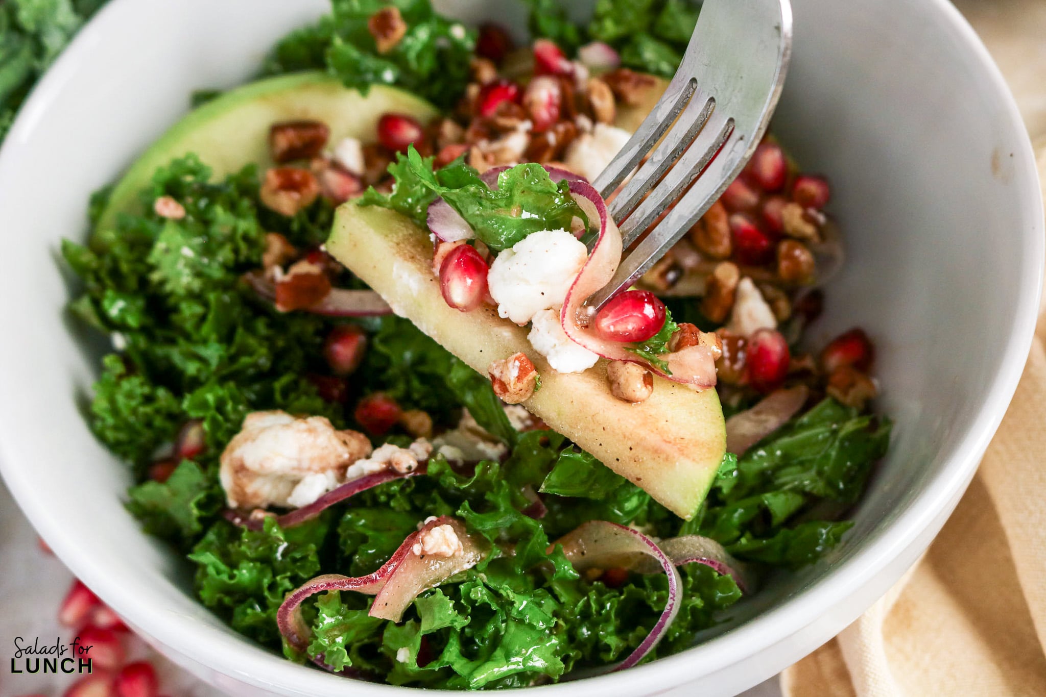 Kale, Apple, Pecan and Pomegranate Salad with Pomegranate Balsamic Dressing - Kale Pomegranate Salad Hero 03 Fork lifting a bite of kale salad with apple slices, pomegranate seeds, goat cheese, pickled red onion, and pecans.