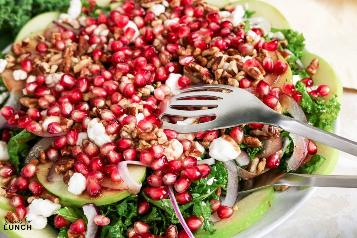 Kale, Apple, Pecan and Pomegranate Salad with Pomegranate Balsamic Dressing - Kale Pomegranate Salad Hero 14 Kale salad topped with pomegranate seeds, apple slices, red onion, goat cheese, and pecans, being tossed with tongs.