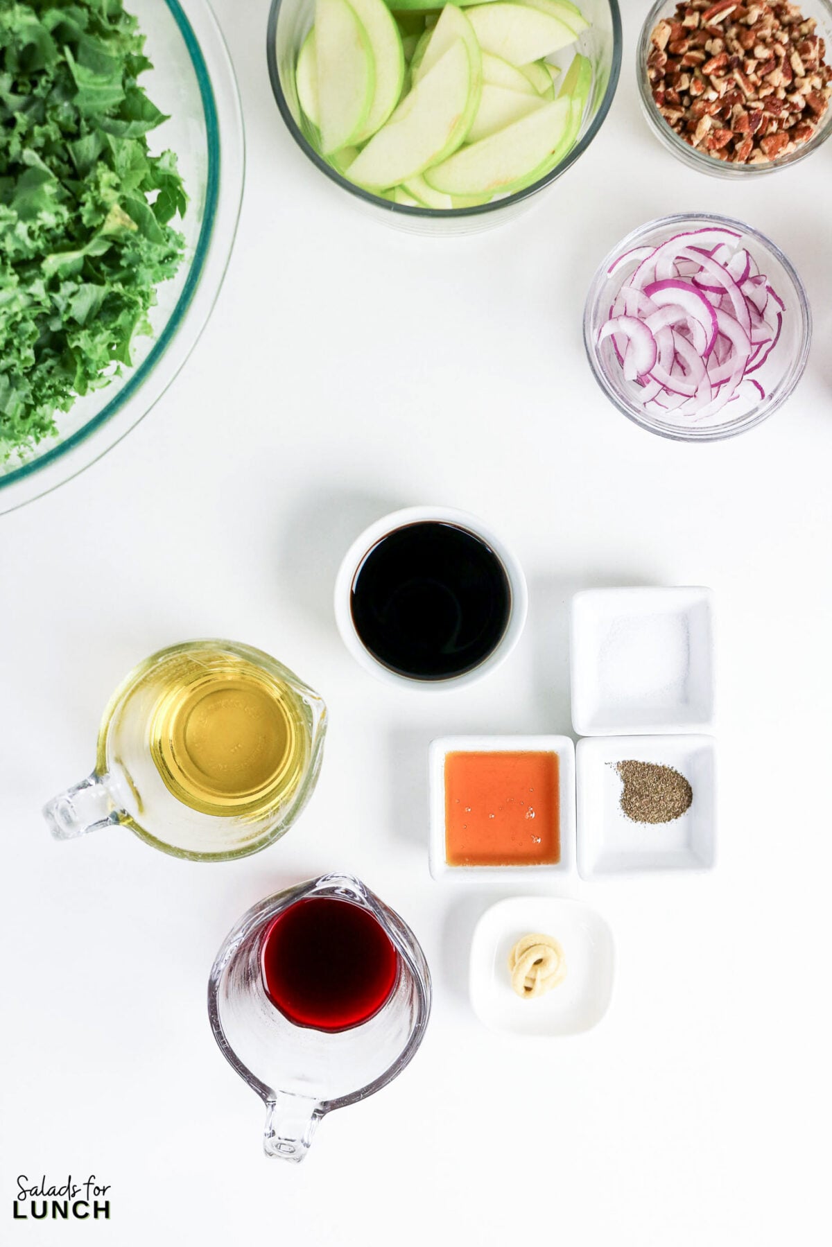 Kale, Apple, Pecan and Pomegranate Salad with Pomegranate Balsamic Dressing - Pomegranate Balsamic Dressing Ingredients Ingredients for kale salad: kale, sliced apples, pecans, red onion, oil, vinegar, honey, salt, pepper, and garlic, arranged in bowls on a white surface.