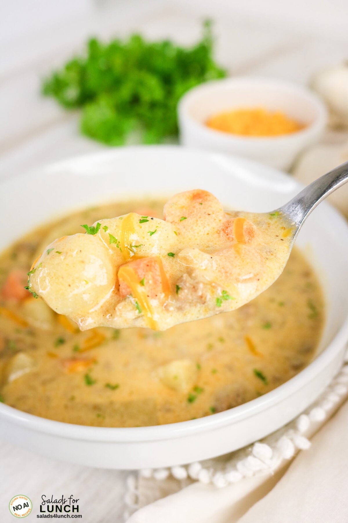 Easy Cheeseburger Soup Recipe - Cheeseburger Soup Recipe Hero 01 Spoonful of creamy cheeseburger soup with carrots, cheese, and herbs lifted from a full bowl.