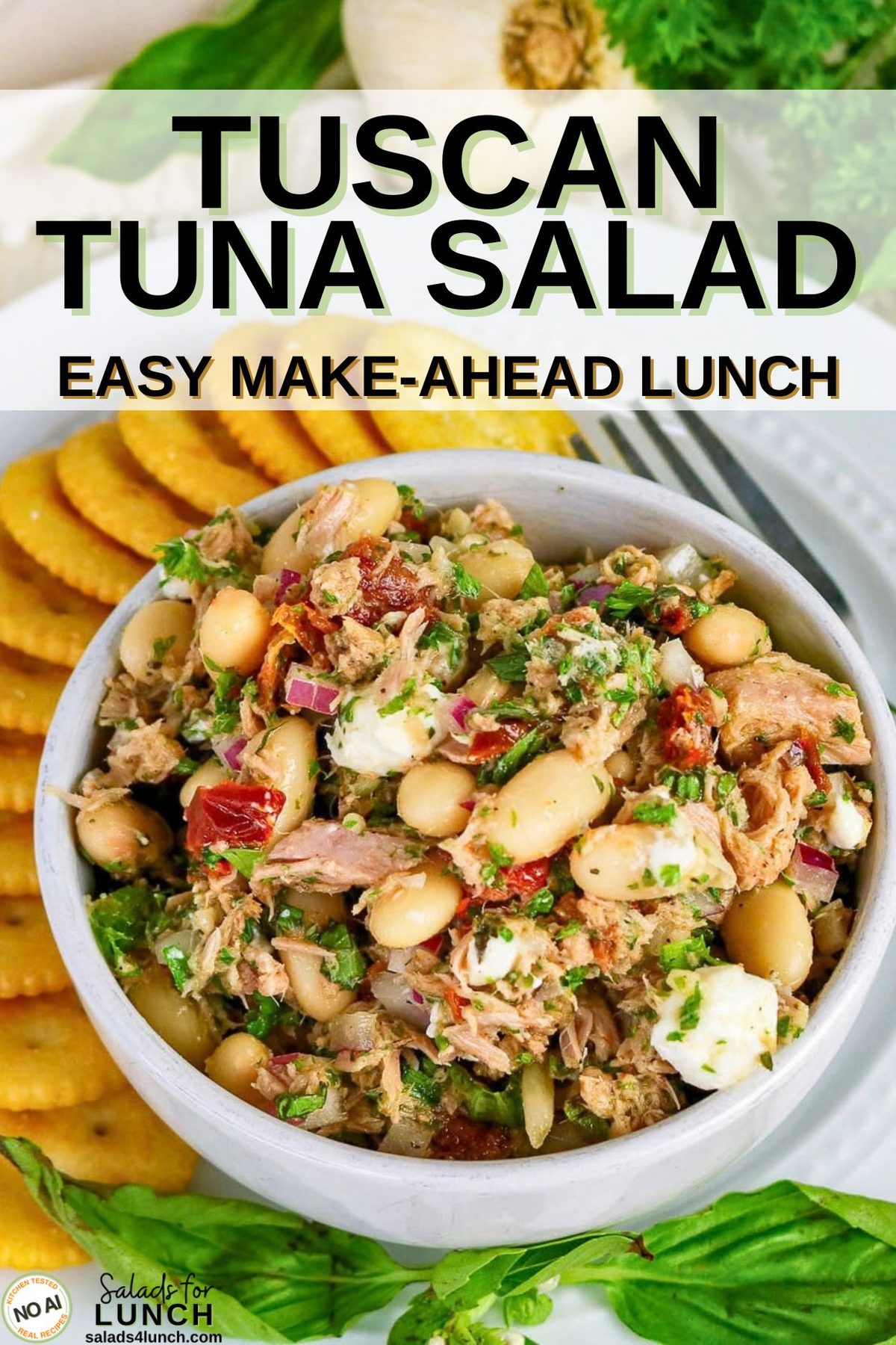 Tuscan Tuna Salad - Tuscan Tuna Salad Recipe Tuscan Tuna Salad: easy make-ahead lunch, a bowl of tuna, white beans, sun-dried tomatoes and herbs served with crackers.